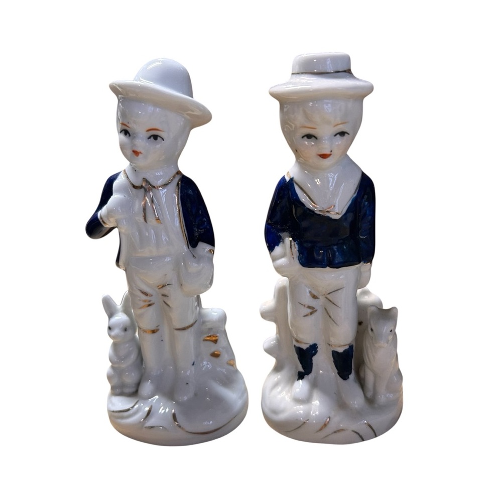 2 VINTAGE PORCELAIN 5 1/2”FIGURINES Blue & White Boy/Rabbit Girl/Lamb gold accen